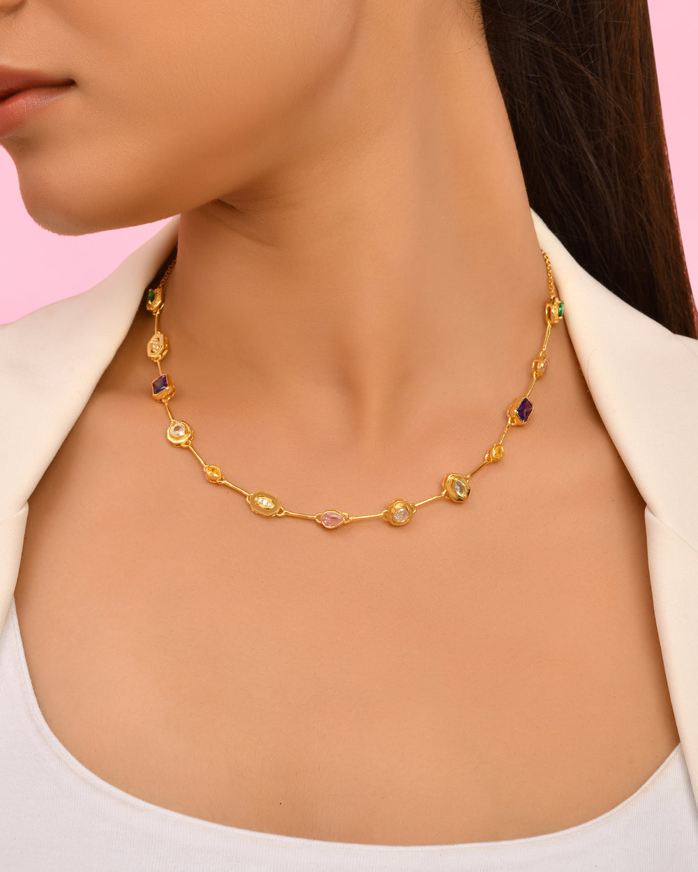 Multi-Color Gemstones Necklace 925 Sterling Silver For Women By Kesardeep Impex