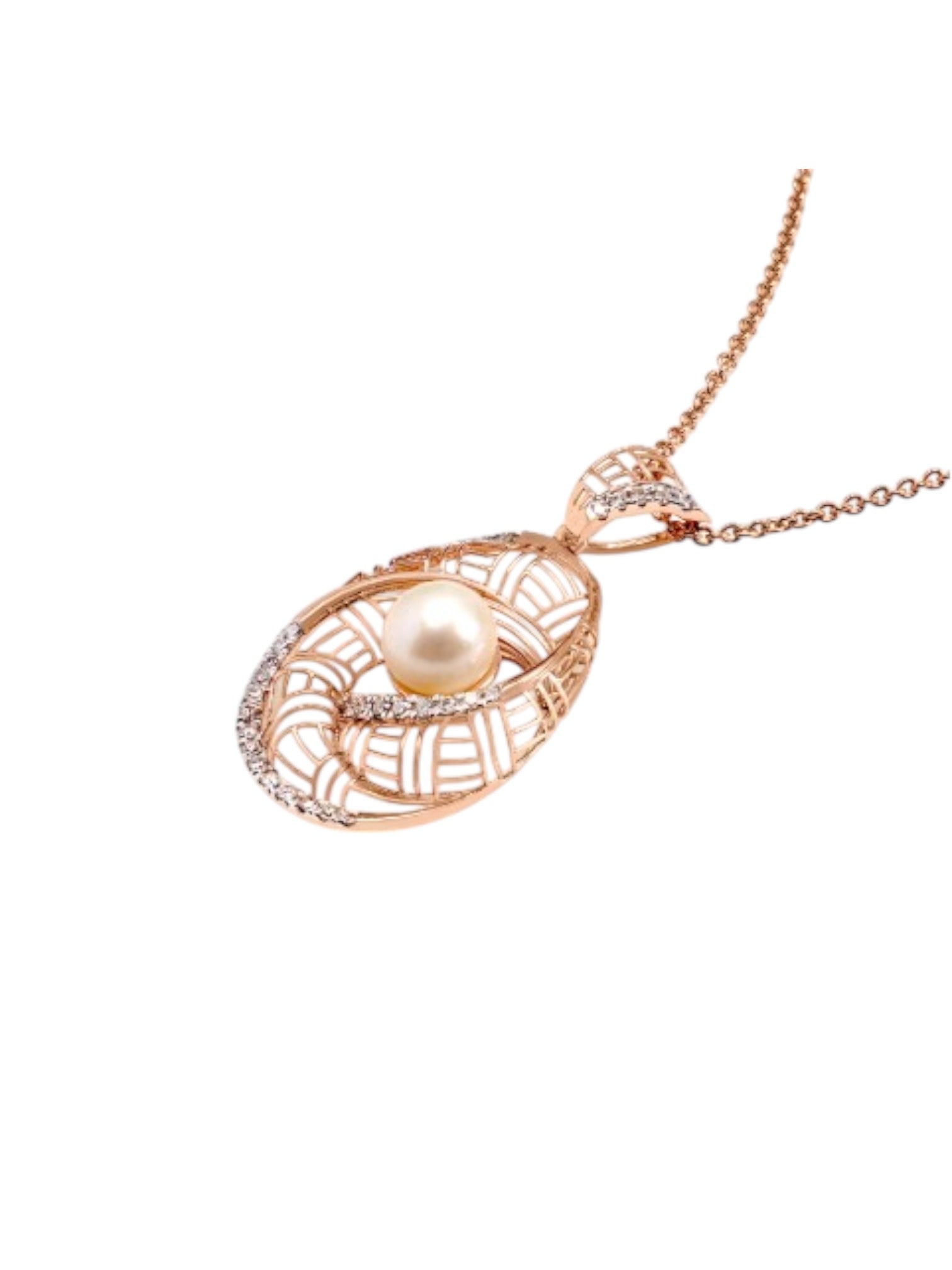 Trendy Pearl Design 925 Sterling Silver CZ Stone Rose Gold Plated Pendant With Chain For Women By Kesardeep