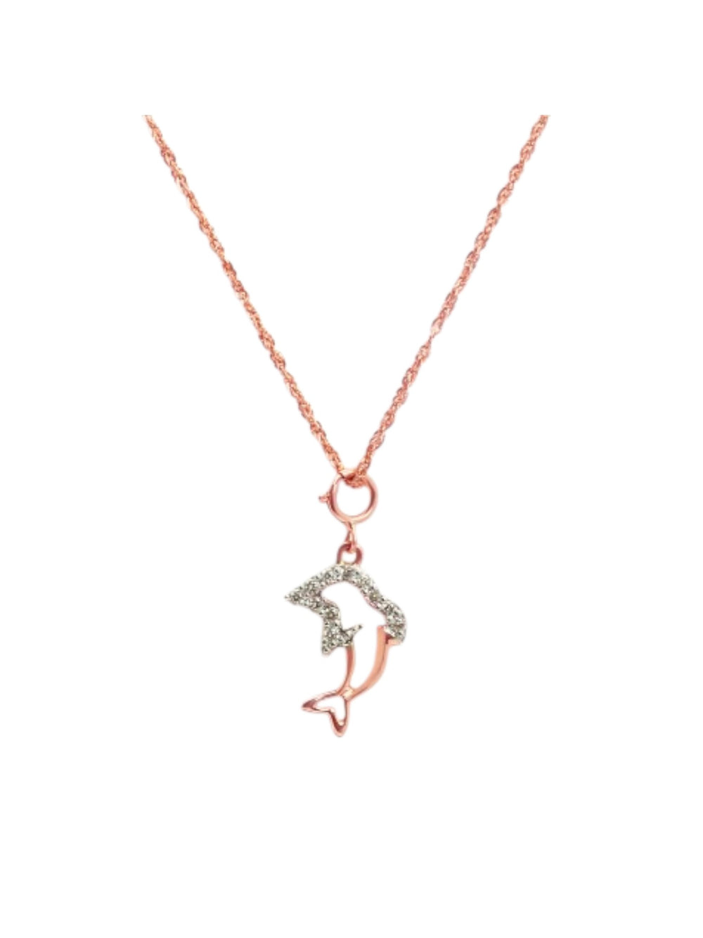 925 Sterling Silver Minimal Dolphin Design CZ Stones Rose Gold Plated Pendant With Chain For Women By Kesardeep
