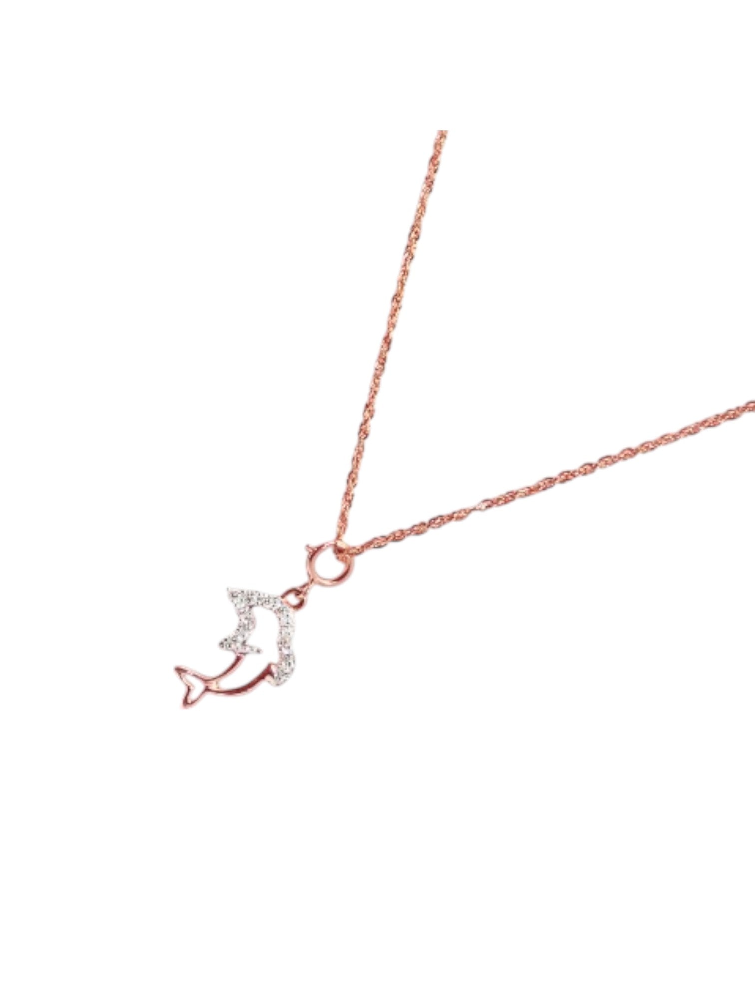 925 Sterling Silver Minimal Dolphin Design CZ Stones Rose Gold Plated Pendant With Chain For Women By Kesardeep