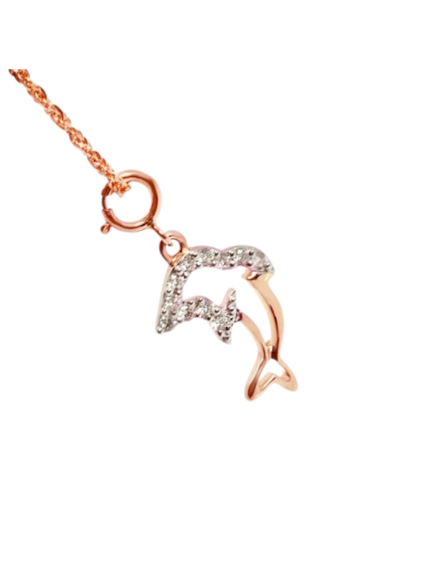 925 Sterling Silver Minimal Dolphin Design CZ Stones Rose Gold Plated Pendant With Chain For Women By Kesardeep