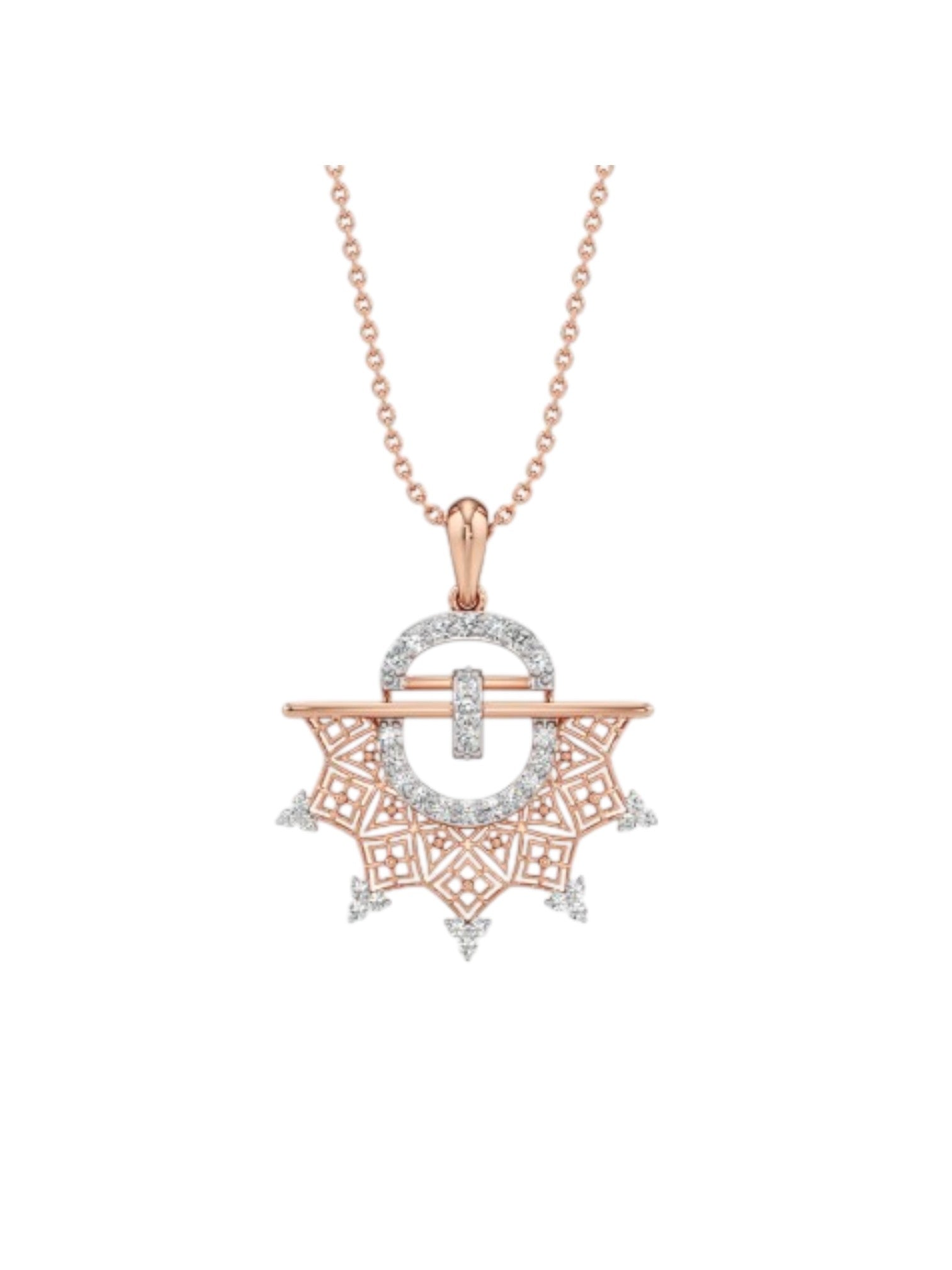 925 Sterling Silver Stylish Design CZ Stones Rose Gold Plated Pendant With Chain For Women By Kesardeep