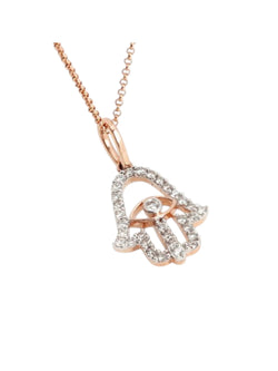 Trendy Hamza Hand Design 925 Sterling Silver CZ Stones Rose Gold Plated Pendant With Chain For Women By Kesardeep
