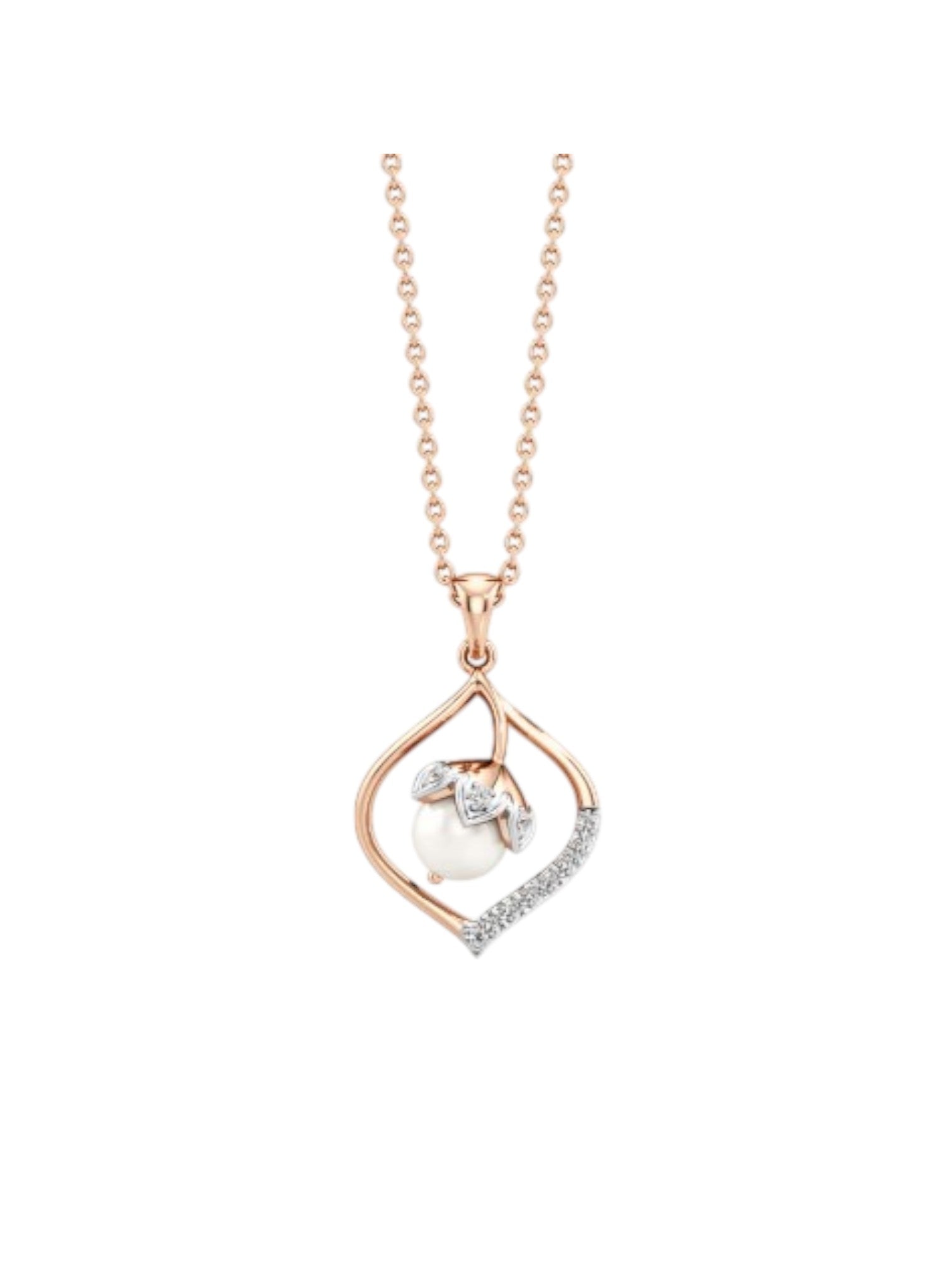 925 Sterling Silver Minimal Pearl Design CZ Stone Rose Gold Plated Pendant With Chain For Women By Kesardeep