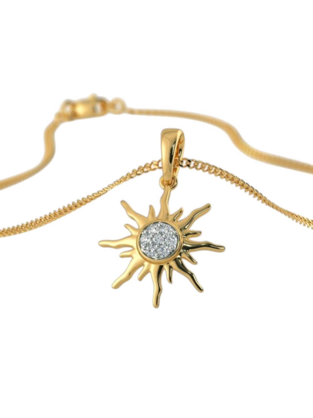 925 Sterling Silver Minimalist Sun Design CZ Stones Gold Plated Pendant With Chain For Women By Kesardeep