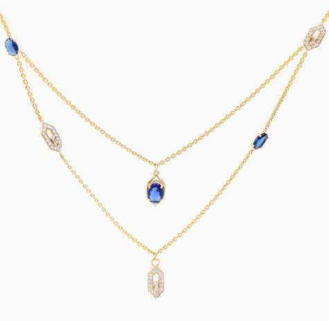 925 Sterling Silver Minimalist Layered Design CZ Stones Gold Plated Pendant With Chain For Women By Kesardeep