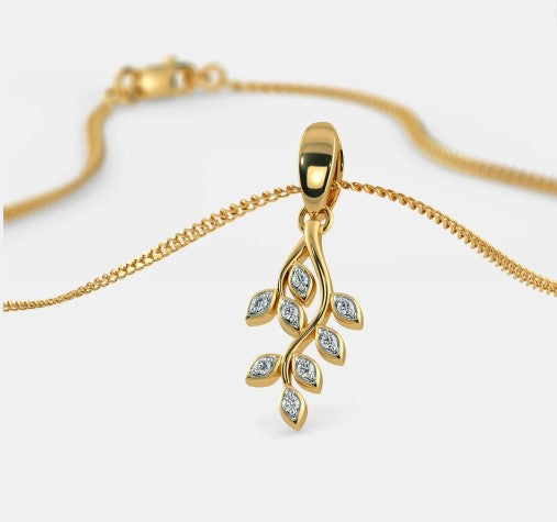 925 Sterling Silver Minimalist Leaf Design CZ Stones Gold Plated Pendant With Chain For Women By Kesardeep