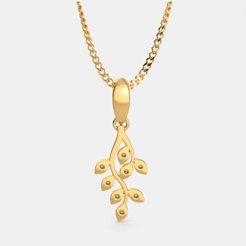925 Sterling Silver Minimalist Leaf Design CZ Stones Gold Plated Pendant With Chain For Women By Kesardeep