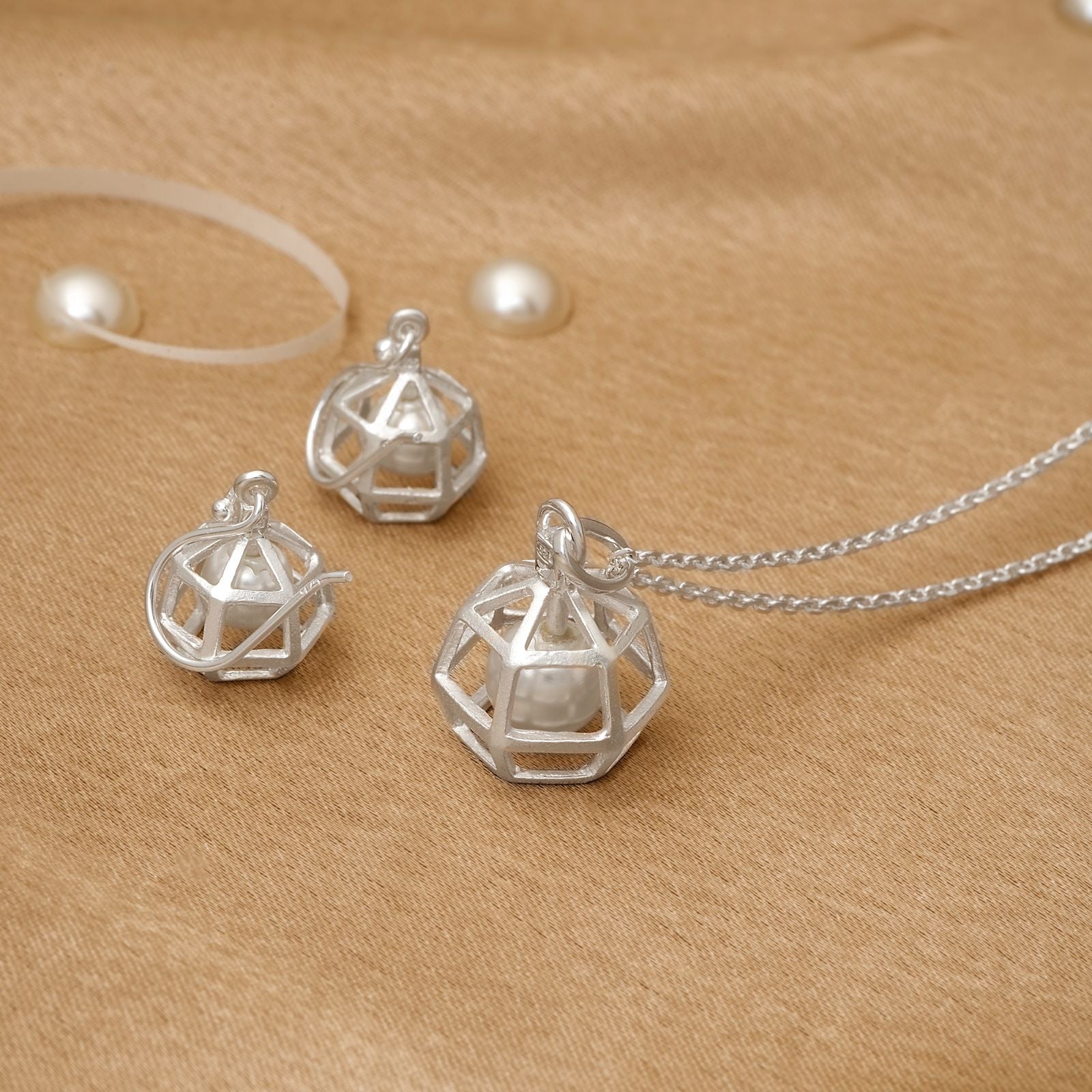 925 Silver Pendant Set With Earrings By Kesardeep For Women With Pearl Silver Plated Party Wear