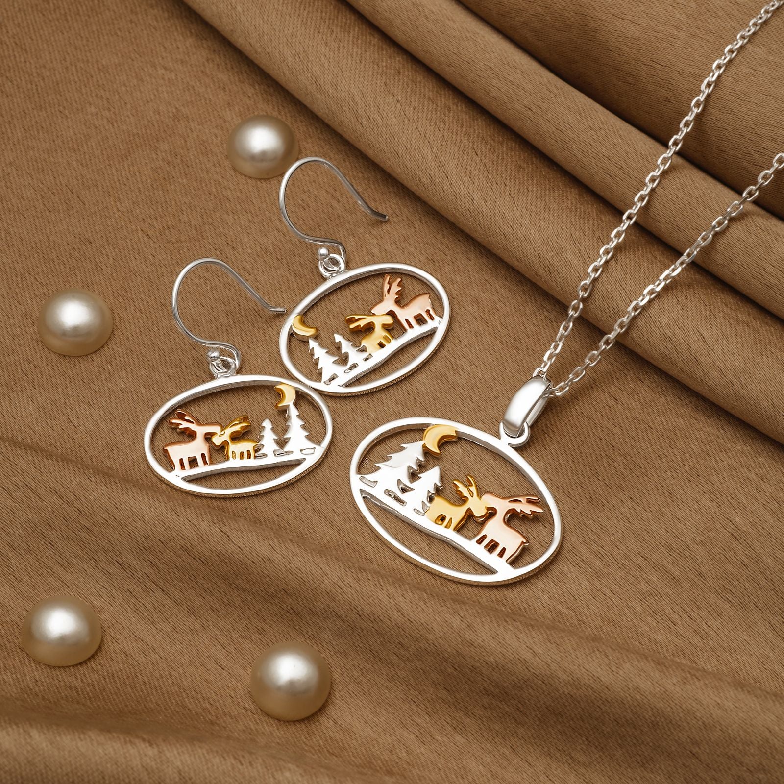 925 Silver Pendant Set With Earrings By Kesardeep For Women Rose Gold And Silver Plated Party Wear