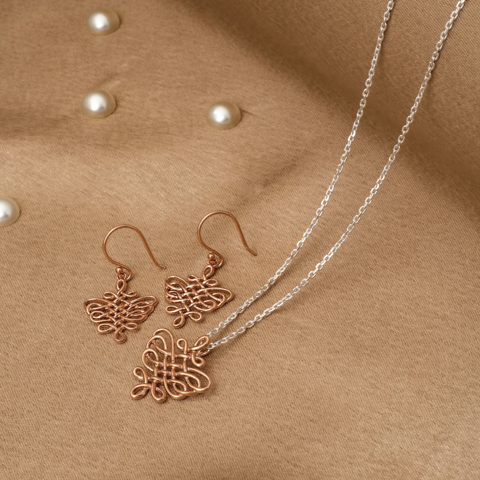 925 Silver Pendant Set With Earrings By Kesardeep For Women Rose Gold And Silver Plated Party Wear