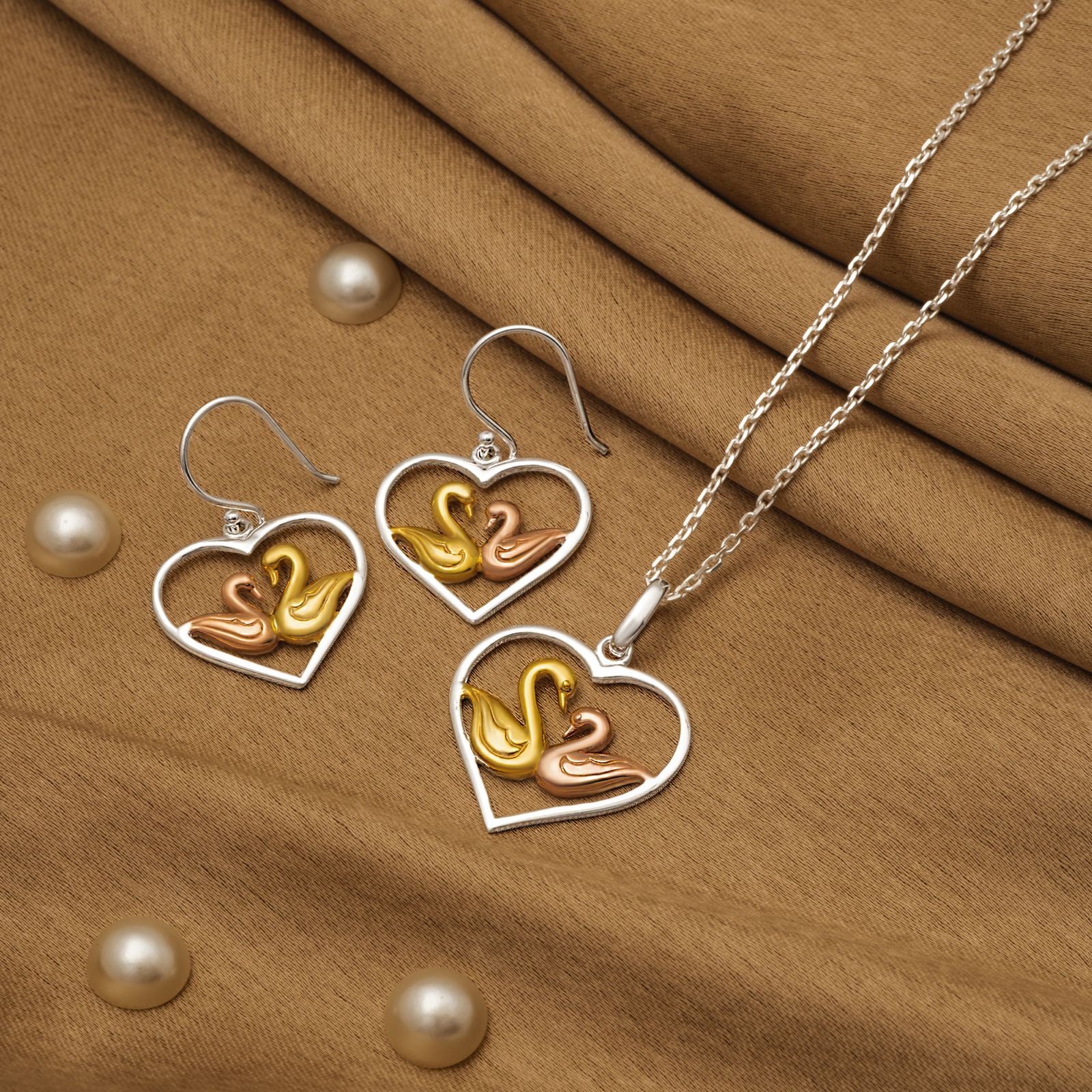 925 Silver Pendant Set With Earrings By Kesardeep For Women Rose Gold And Silver Plated Party Wear