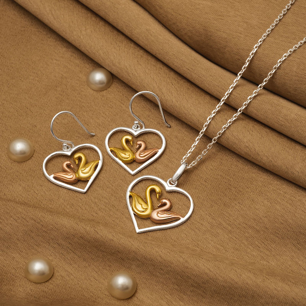 925 Silver Pendant Set With Earrings By Kesardeep For Women Rose Gold And Silver Plated Party Wear