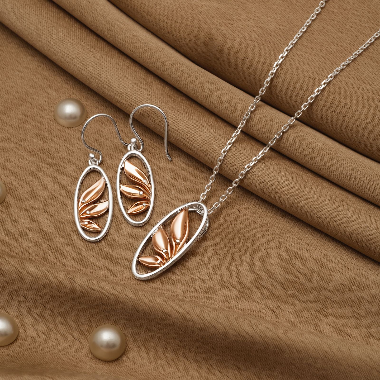 925 Silver Pendant Set With Earrings By Kesardeep For Women Rose Gold And Silver Plated Party Wear