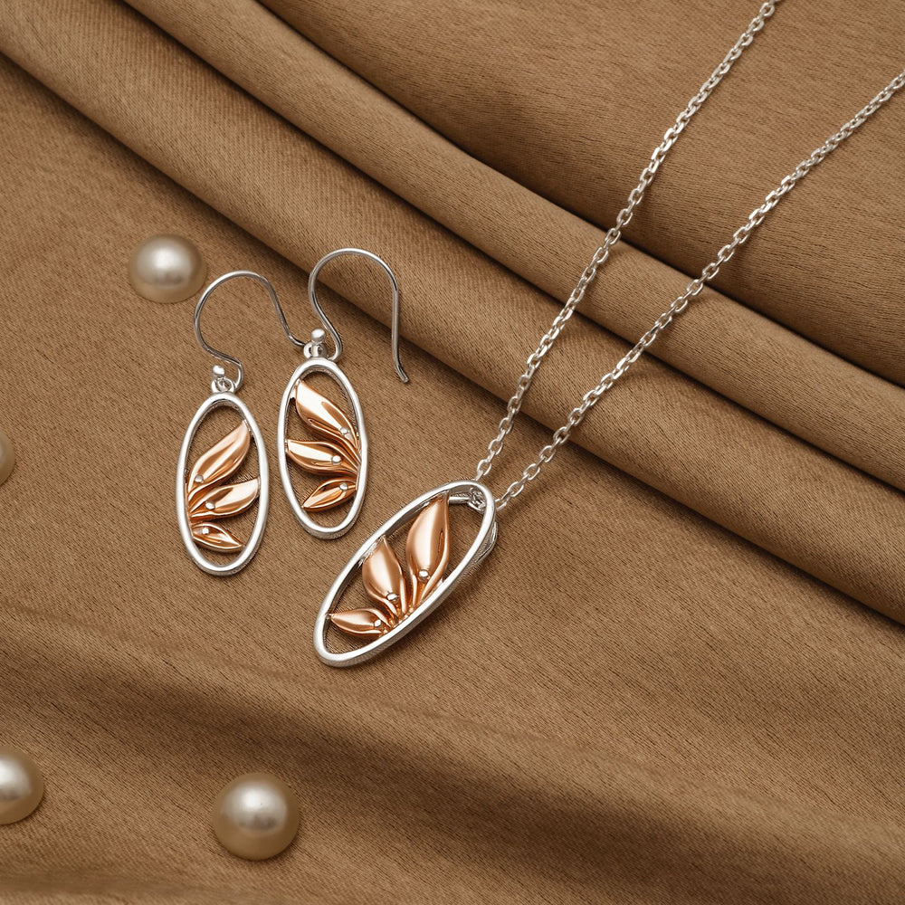 925 Silver Pendant Set With Earrings By Kesardeep For Women Rose Gold And Silver Plated Party Wear