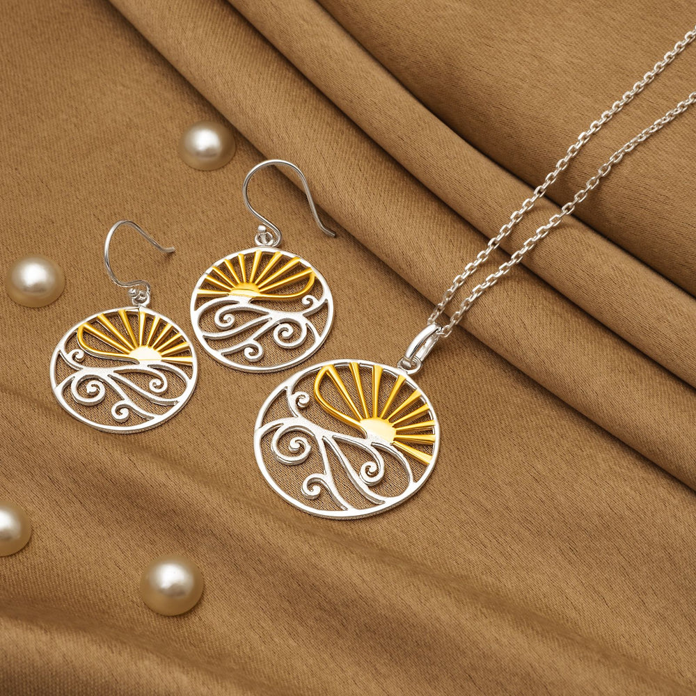925 Silver Pendant Set With Earrings By Kesardeep For Women Rose Gold And Silver Plated Party Wear