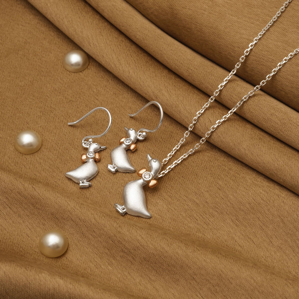 925 Silver Pendant Set With Earrings By Kesardeep For Women Rose Gold And Silver Plated Party Wear
