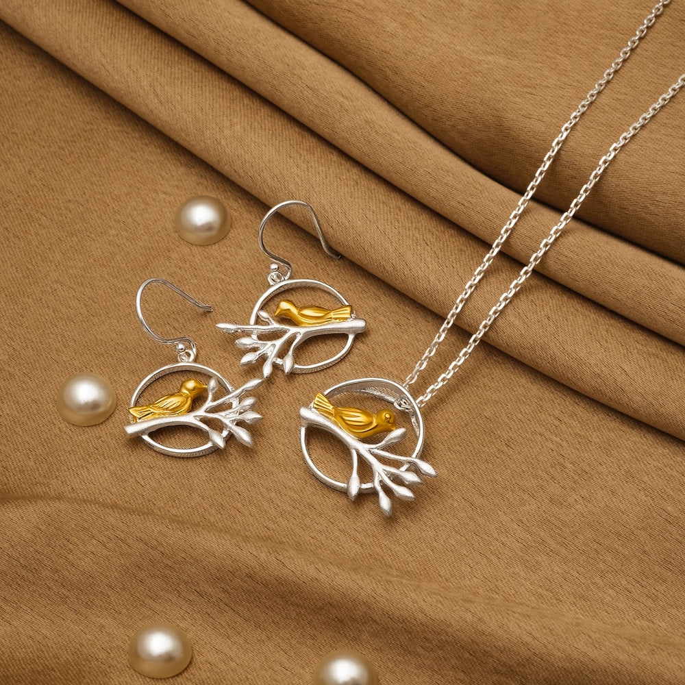 925 Silver Pendant Set With Earrings By Kesardeep For Women Rose Gold And Silver Plated Party Wear