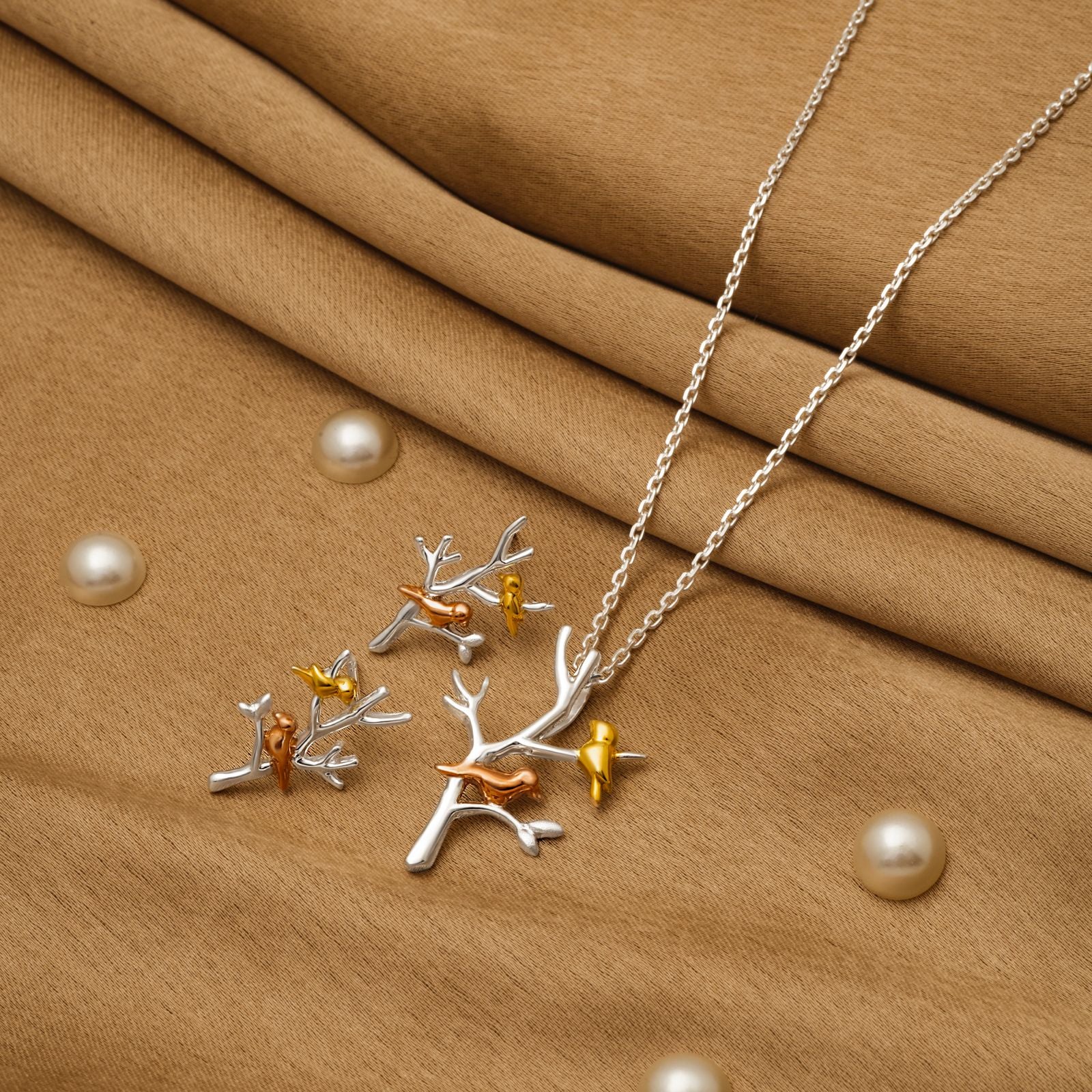 925 Silver Pendant Set With Earrings By Kesardeep For Women Rose Gold And Silver Plated Party Wear