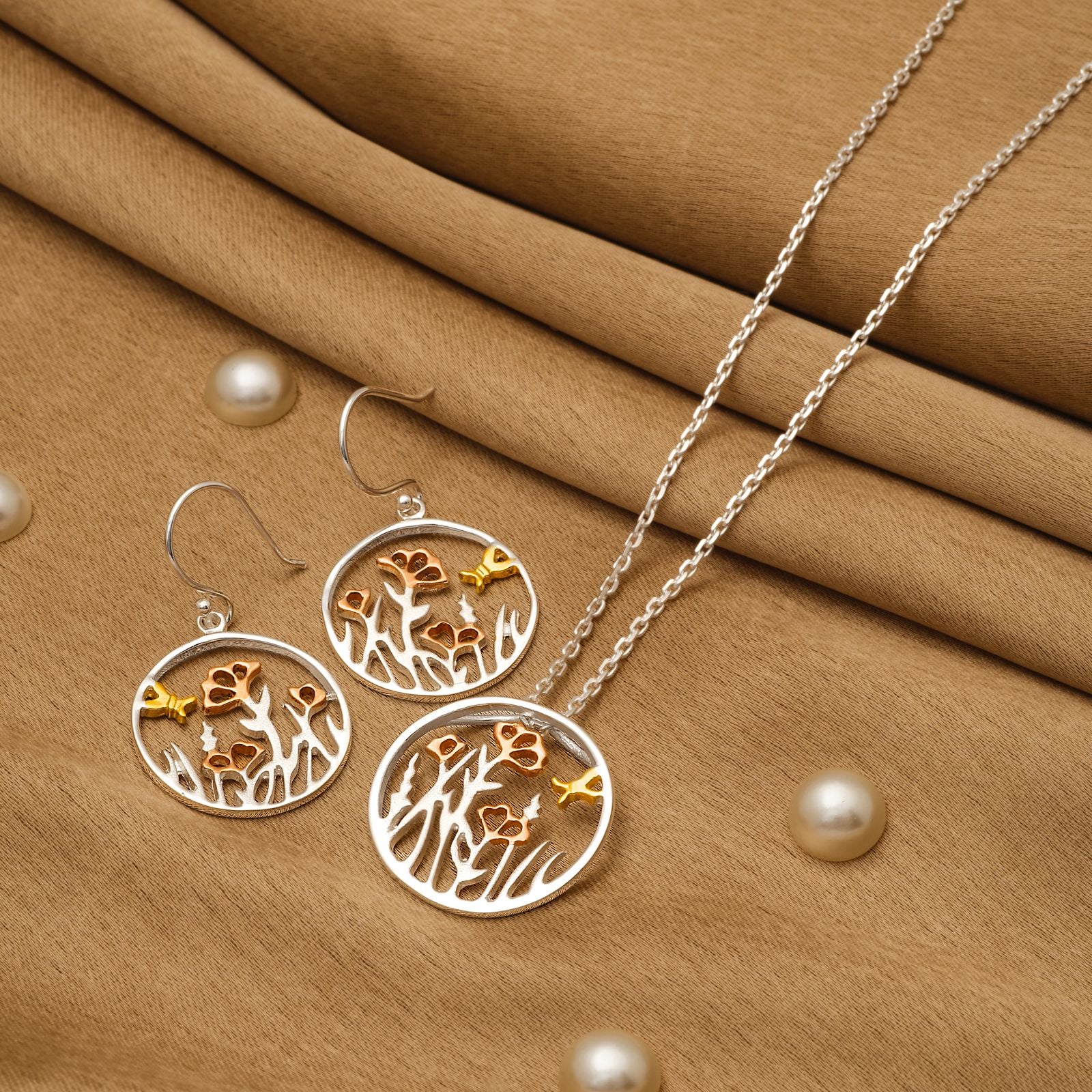 925 Silver Pendant Set With Earrings By Kesardeep For Women Rose Gold And Silver Plated Party Wear