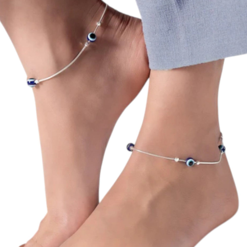 Evil Eye Beaded Rhodium Plated 925 Sterling Silver  Kesardeep Impex Chain Anklet By Women