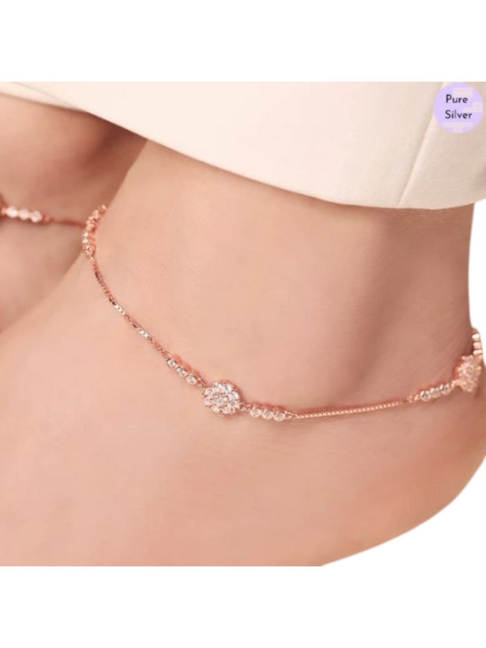 Floral Aura Rose Gold Plated CZ 925 Sterling Silver Anklet By Kesardeep Impex For Women