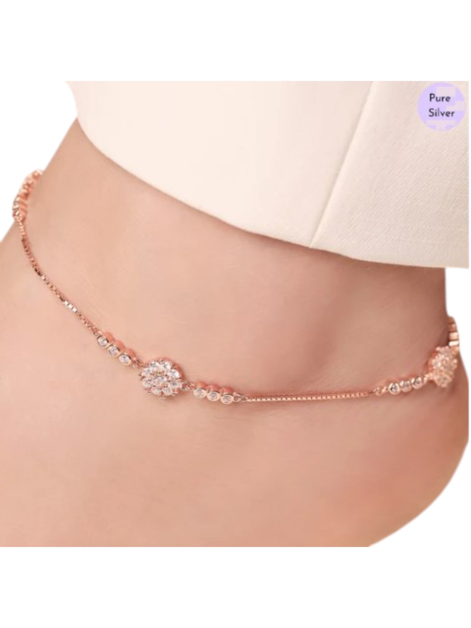 Floral Aura Rose Gold Plated CZ 925 Sterling Silver Anklet By Kesardeep Impex For Women