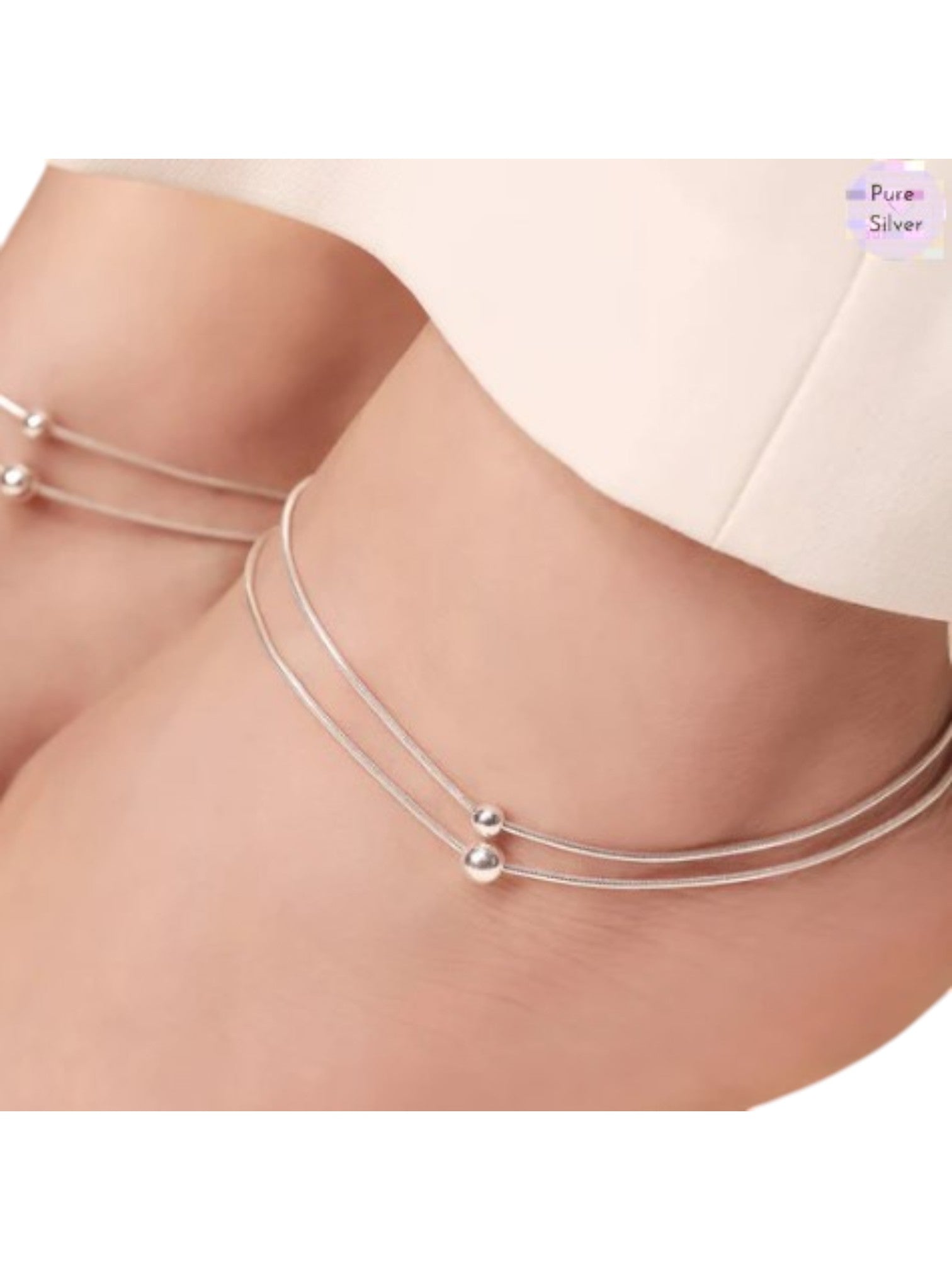 Double String Bead Rhodium Plated 925 Sterling Silver Chain Anklet By Kesardeep Impex For Women
