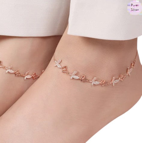Butterfly Rose Gold Plated Embraced 925 Sterling Silver Anklet By Kesardeep Impex For Women