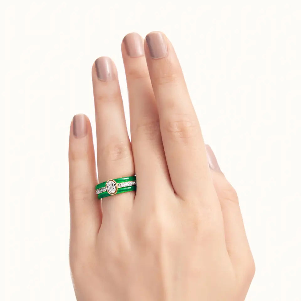 Green Enamel Rosegold Replicated Ring By Kesardeep Impex in 925 Sterling Silver
