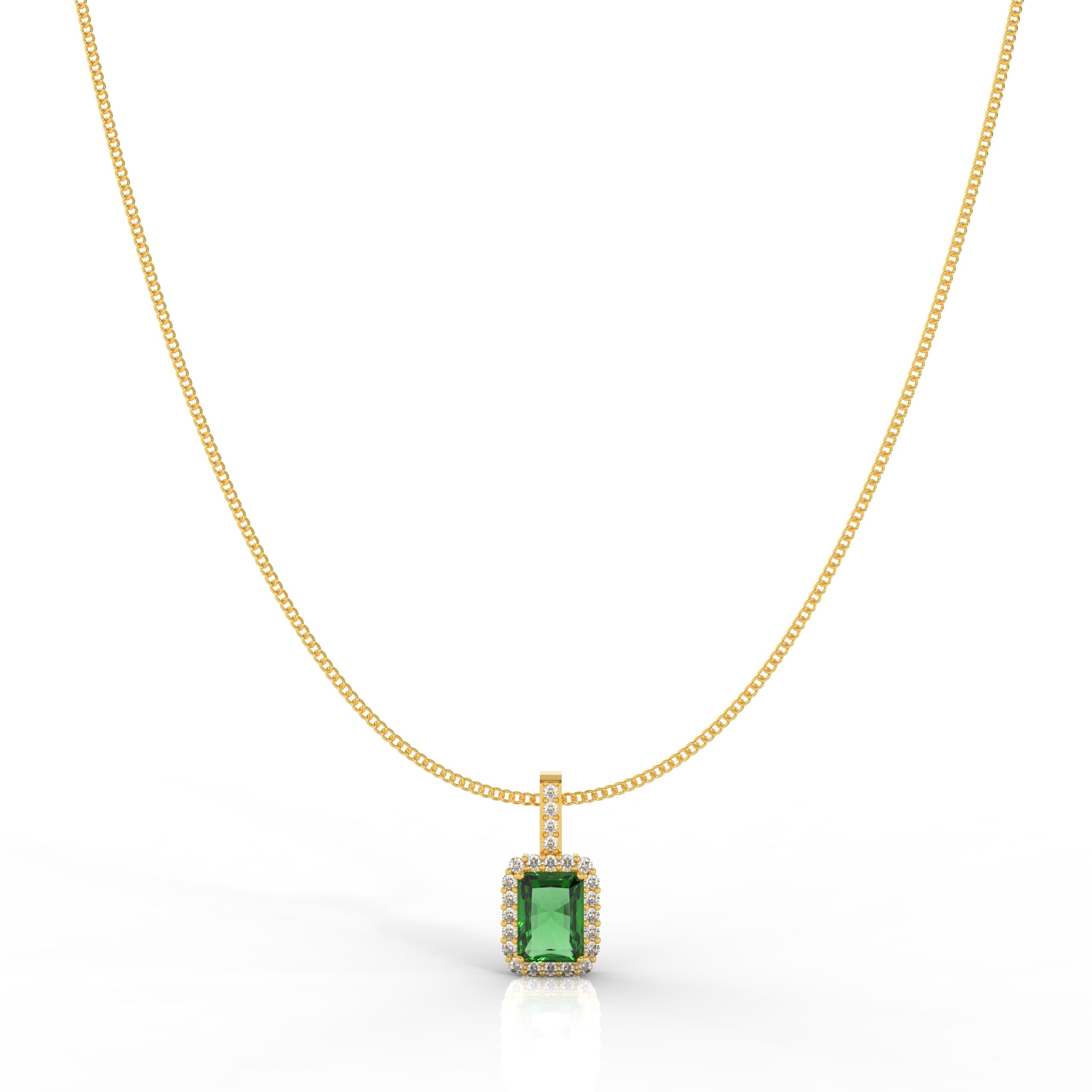 Octagon Cut Emerald Halo Pendant With Chain, Hallmarked 925 Sterling Silver - sitabo