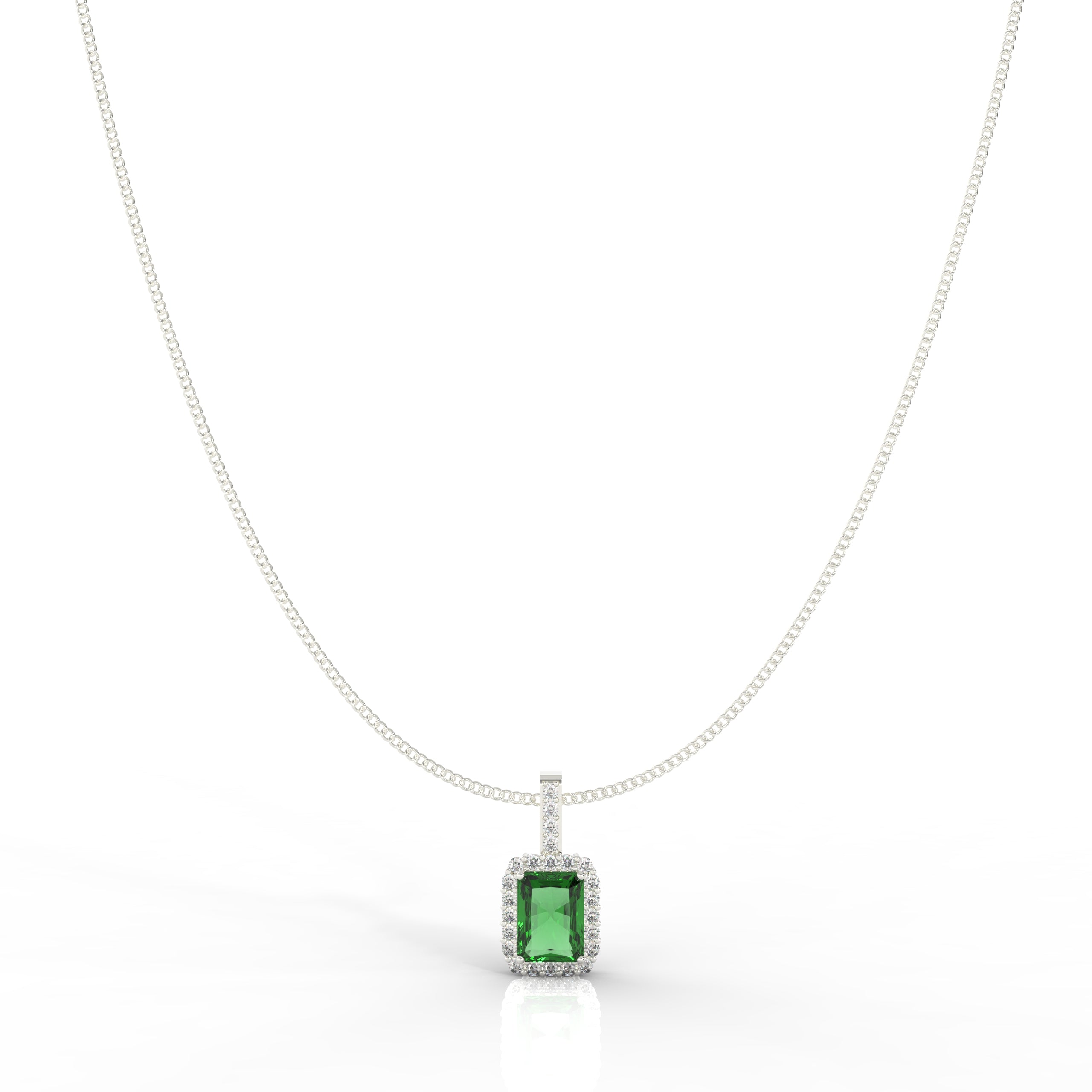Octagon Cut Emerald Halo Pendant With Chain, Hallmarked 925 Sterling Silver - sitabo