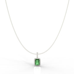 Octagon Cut Emerald Halo Pendant With Chain, Hallmarked 925 Sterling Silver - sitabo
