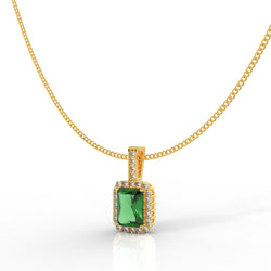 Octagon Cut Emerald Halo Pendant With Chain, Hallmarked 925 Sterling Silver - sitabo