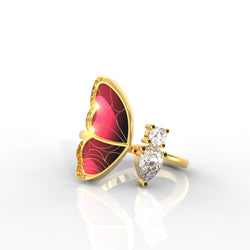 Colorful Butterfly Open Ring – 925 Sterling Silver, Yellow Gold Plated, Red & Black Enamel | Vibrant & Elegant Jewelry for Her