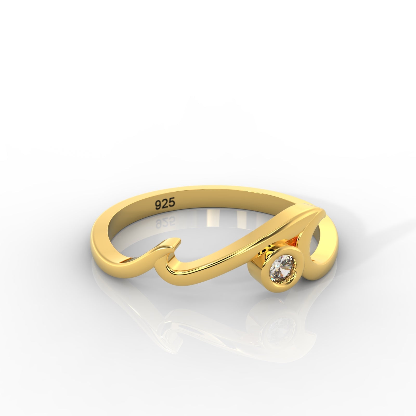Ocean Wave Cubic Zircon Ring – Hallmarked 925 Sterling Silver Yellow Gold Plated | Elegant & Modern Jewelry