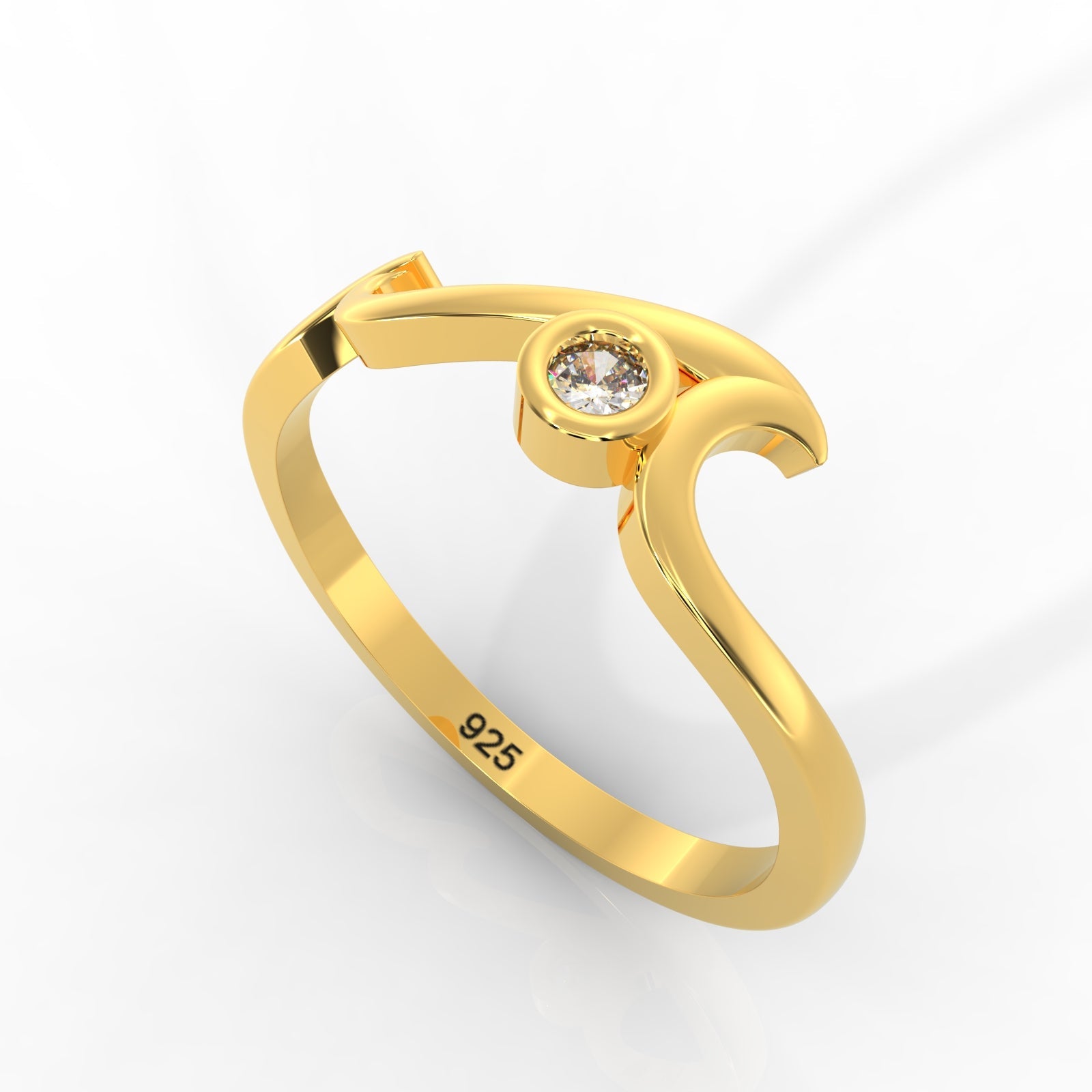 Ocean Wave Cubic Zircon Ring – Hallmarked 925 Sterling Silver Yellow Gold Plated | Elegant & Modern Jewelry
